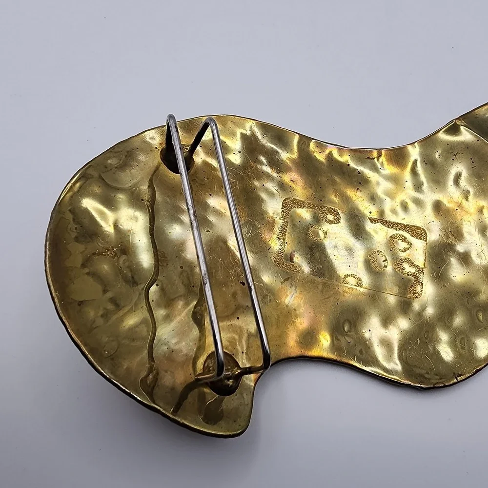 Vintage Artisan Hammered Brass Heart Scarf Clip Slide Brutalist Belt Buckle Pair